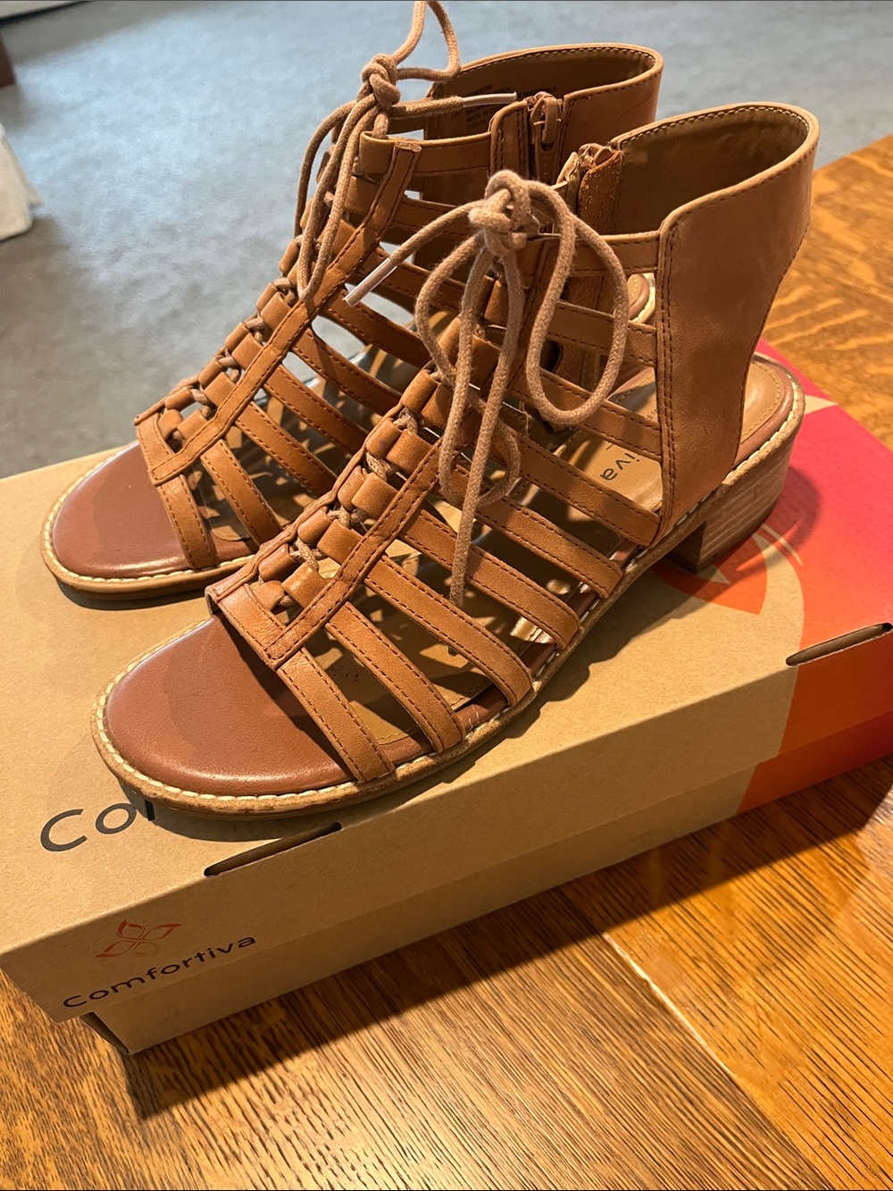 Comfortiva Tan Strappy Lace-Up Block Heel Sandal